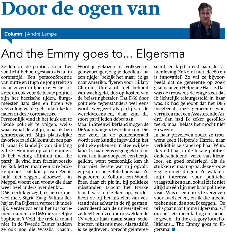 Krantenknipsel van de column “Door de ogen van” van André Lampe met de titel “And the Emmy goes to… Elgersma”.