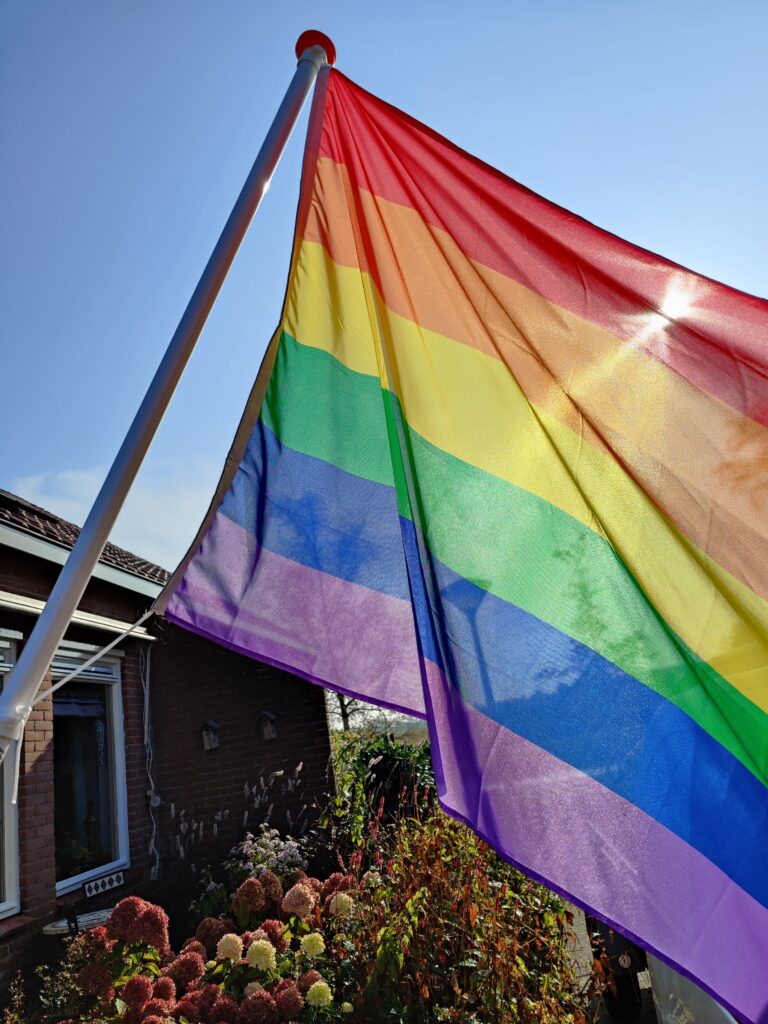 Regenboogvlag in de wind bij een woning.