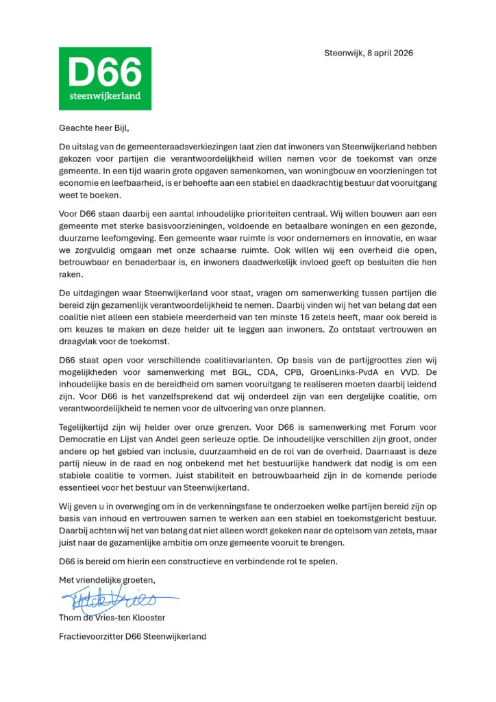 Brief D66 Steenwijkerland aan verkenner coalitievorming gemeenteraad 2026