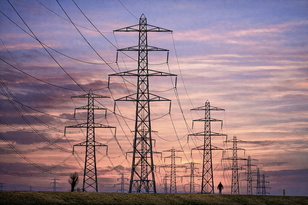 Hoogspanningsmasten in de hoogwatergeul